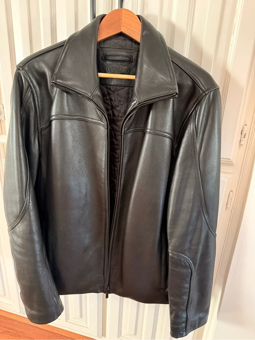 Calvin Klein Black Leather Bomber Jacket with Quilted Interior